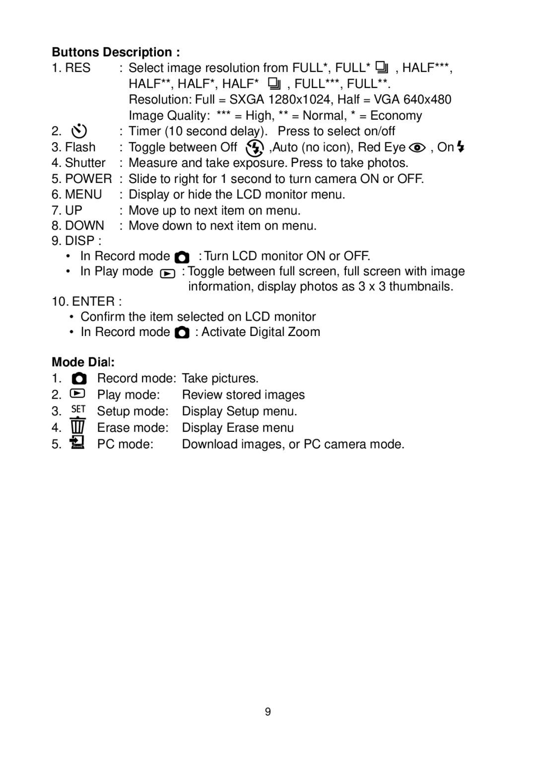 Argus Camera DC3200 manual Buttons Description, Mode Dial 