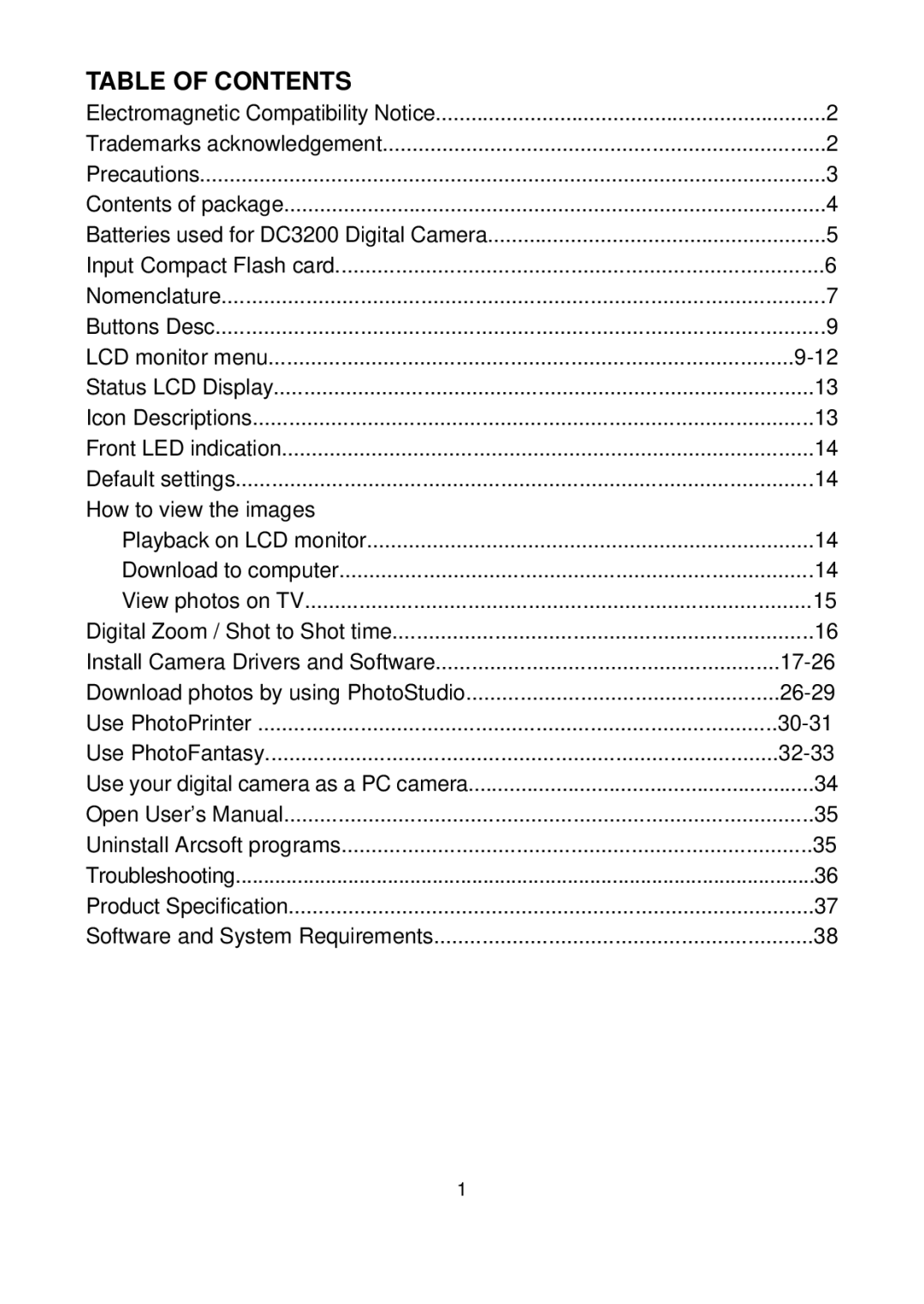 Argus Camera DC3200 manual Table of Contents 