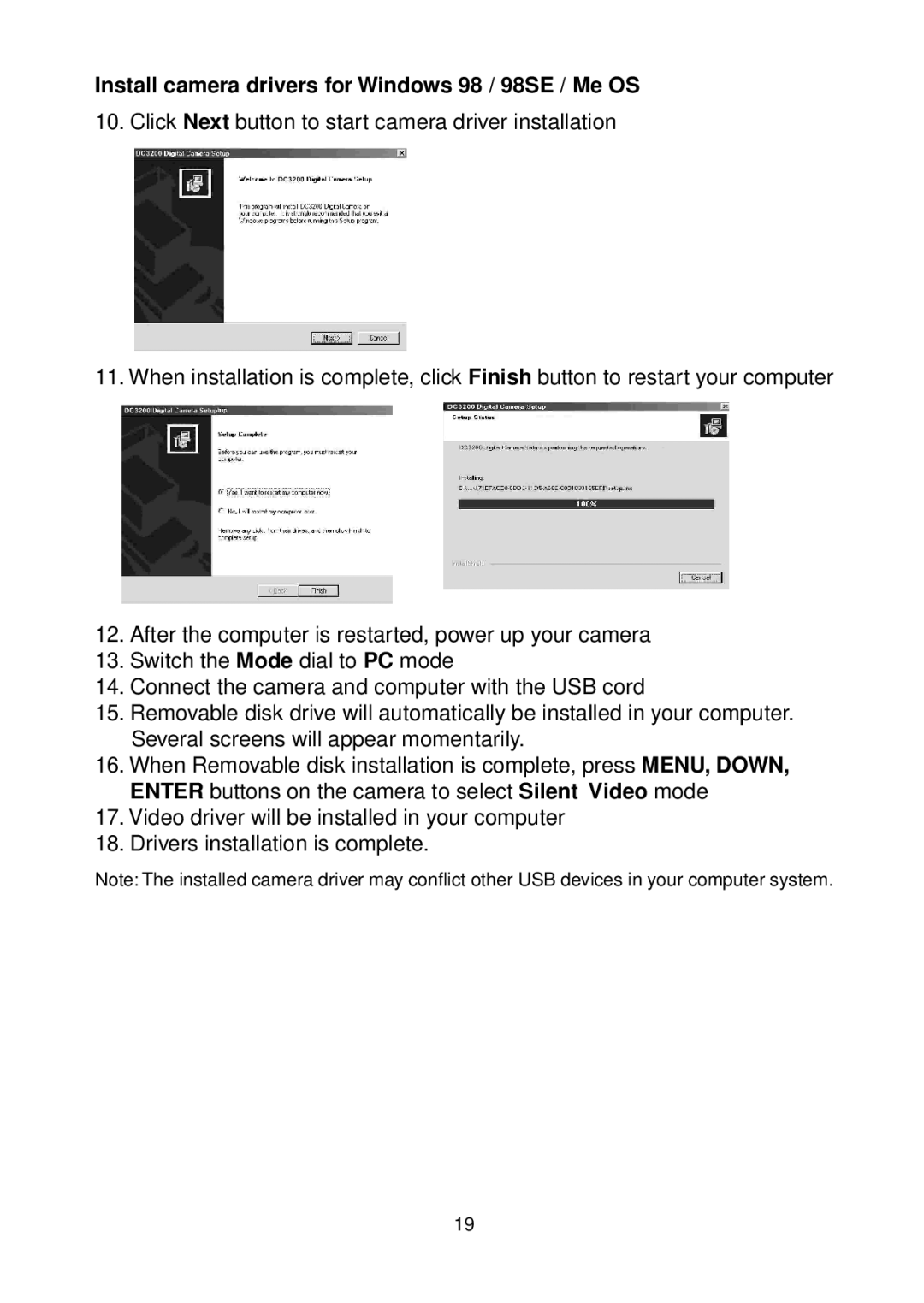 Argus Camera DC3200 manual Install camera drivers for Windows 98 / 98SE / Me OS 