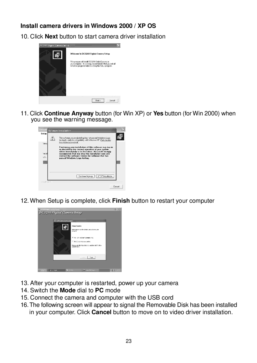 Argus Camera DC3200 manual Install camera drivers in Windows 2000 / XP OS 