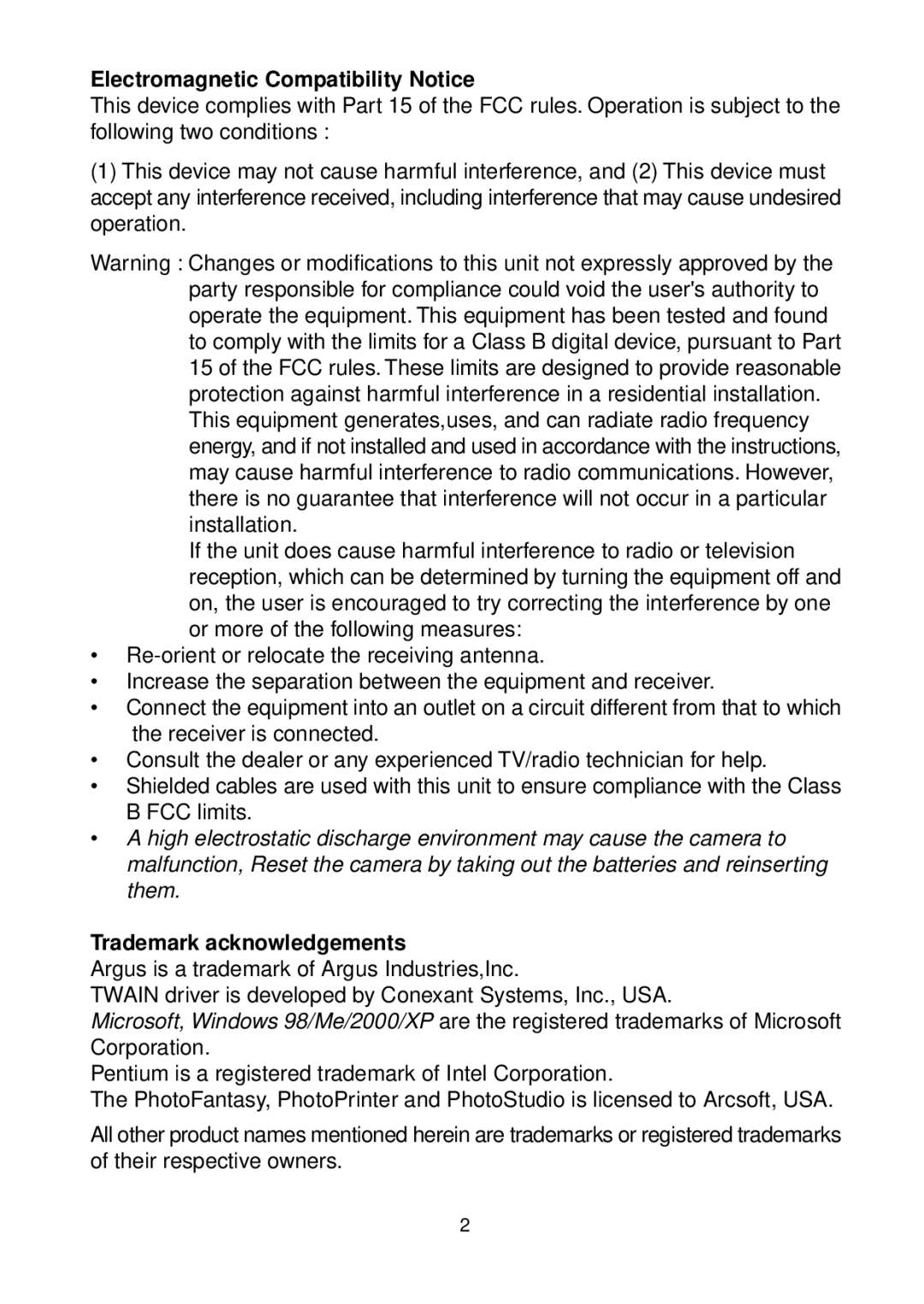 Argus Camera DC3200 manual Electromagnetic Compatibility Notice, Trademark acknowledgements 