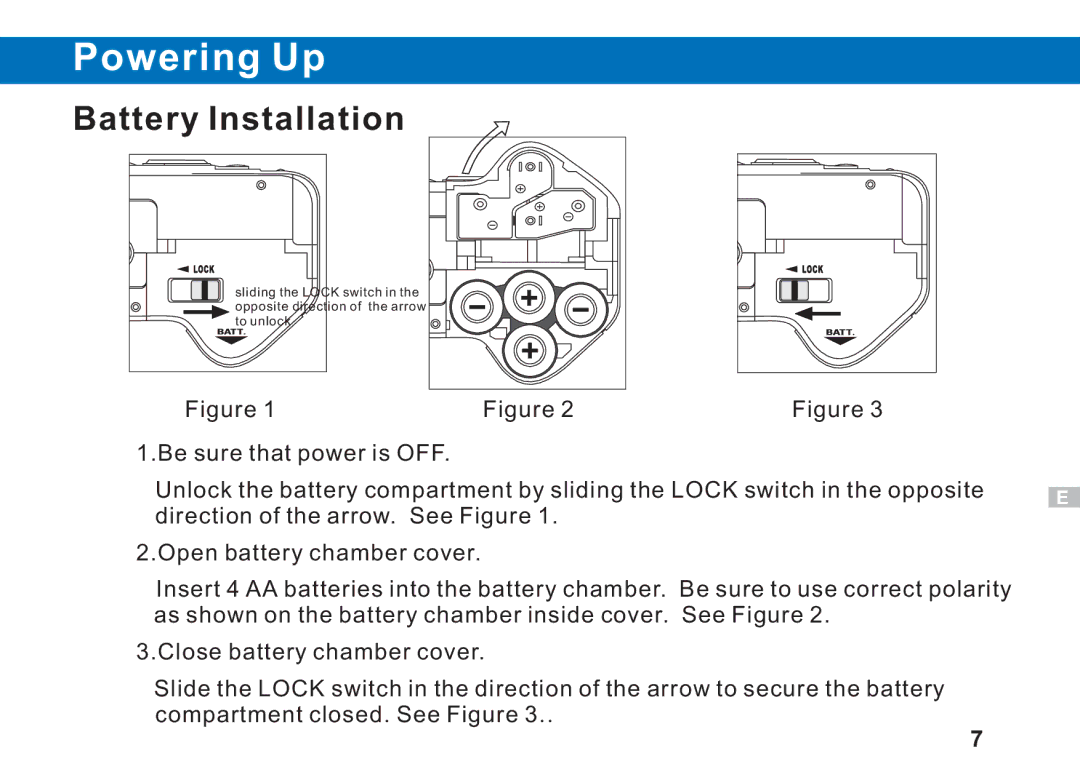 Argus Camera DC3550 manual Powering Up, Battery Installation 