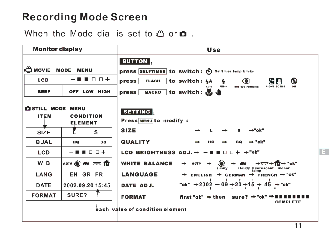 Argus Camera DC3550 manual Recording Mode Screen, When the Mode dial is set to or 