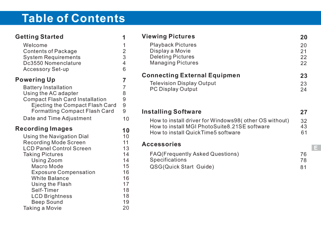 Argus Camera DC3550 manual Table of Contents 