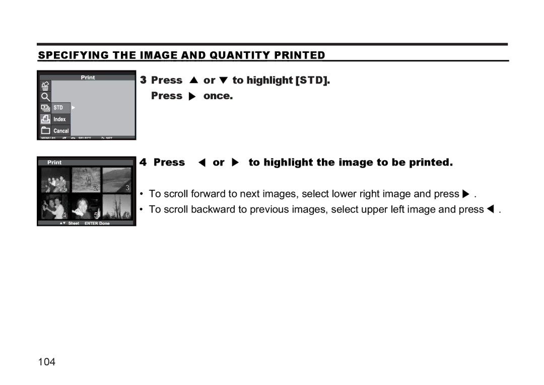 Argus Camera DC3810 manual Specifying the Image and Quantity Printed, Press or to highlight STD. Press once 