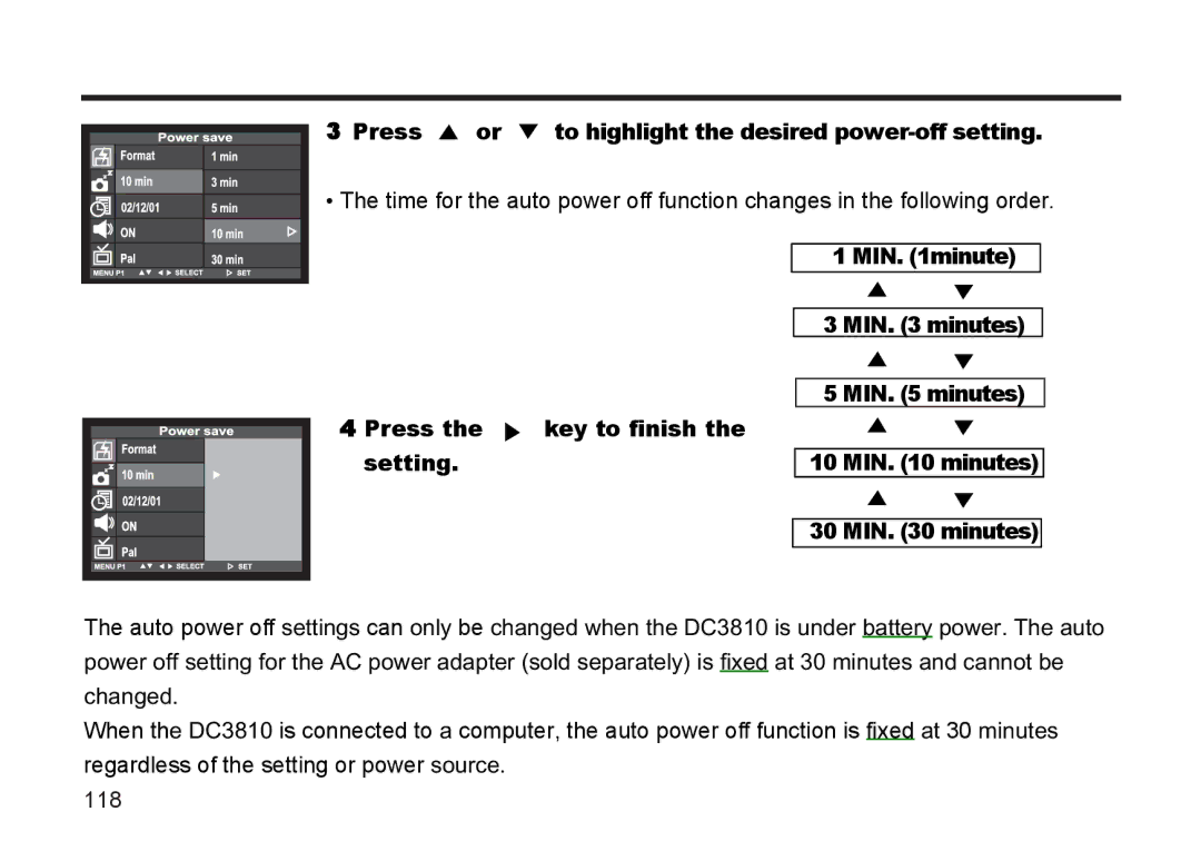 Argus Camera DC3810 manual Press or to highlight the desired power-off setting 