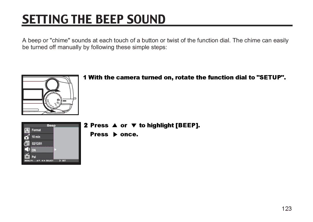 Argus Camera DC3810 manual Setting the Beep Sound, With the camera turned on, rotate the function dial to Setup 