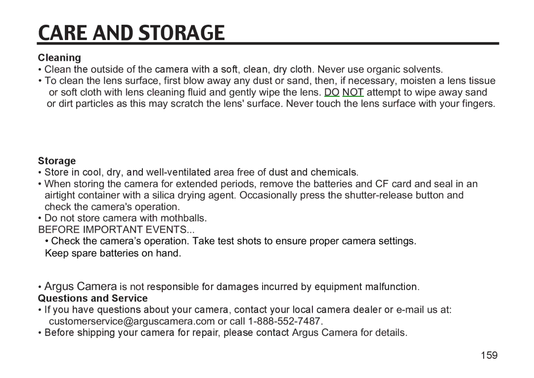 Argus Camera DC3810 manual Care and Storage, Cleaning, Questions and Service 