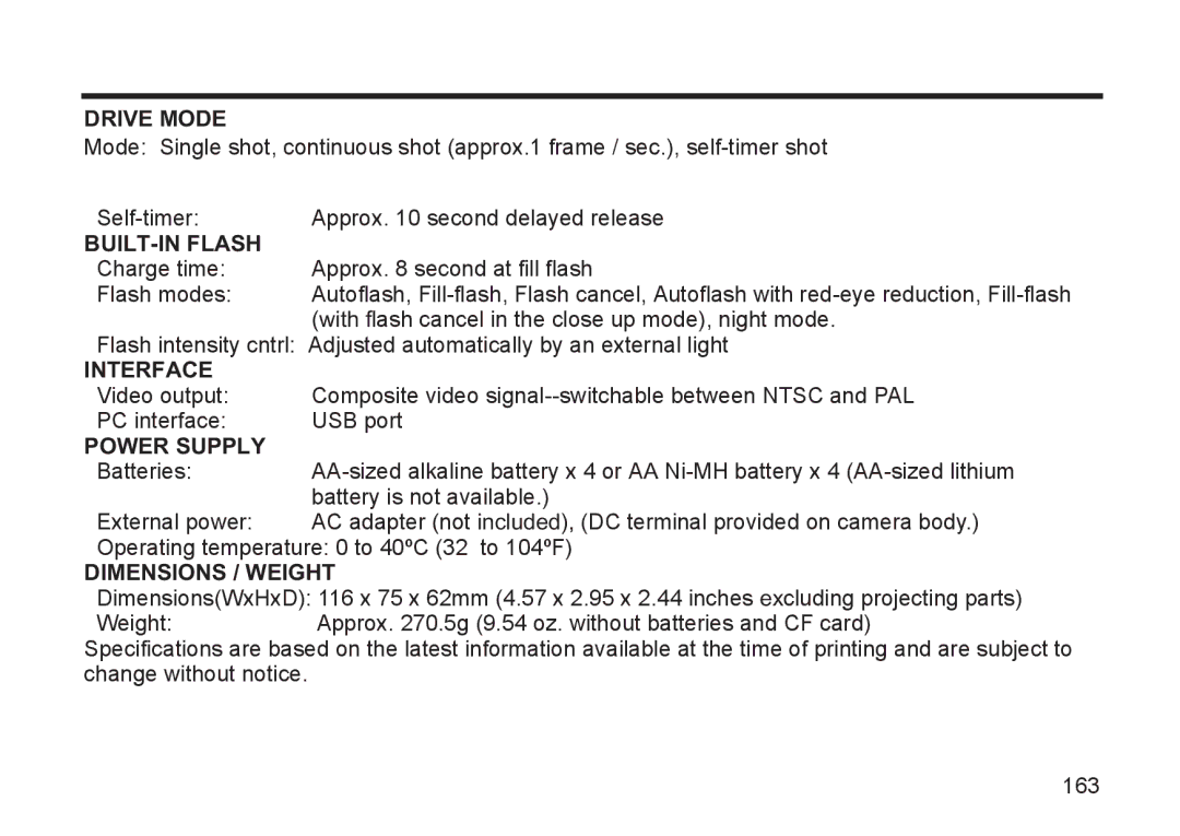 Argus Camera DC3810 manual Drive Mode, BUILT-IN Flash, Interface, Power Supply, Dimensions / Weight 