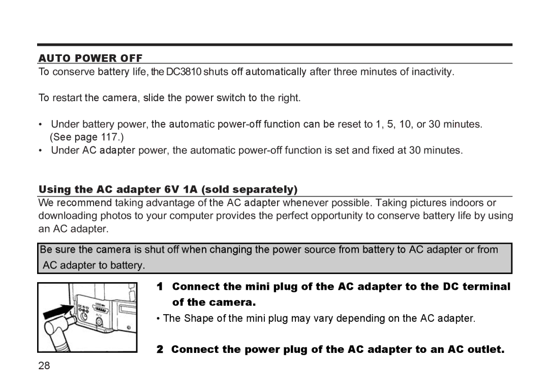 Argus Camera DC3810 manual Auto Power OFF, Using the AC adapter 6V 1A sold separately 