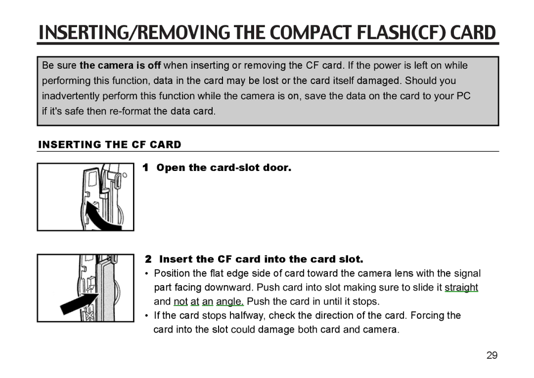 Argus Camera DC3810 manual INSERTING/REMOVING the Compact Flashcf Card, Inserting the CF Card 