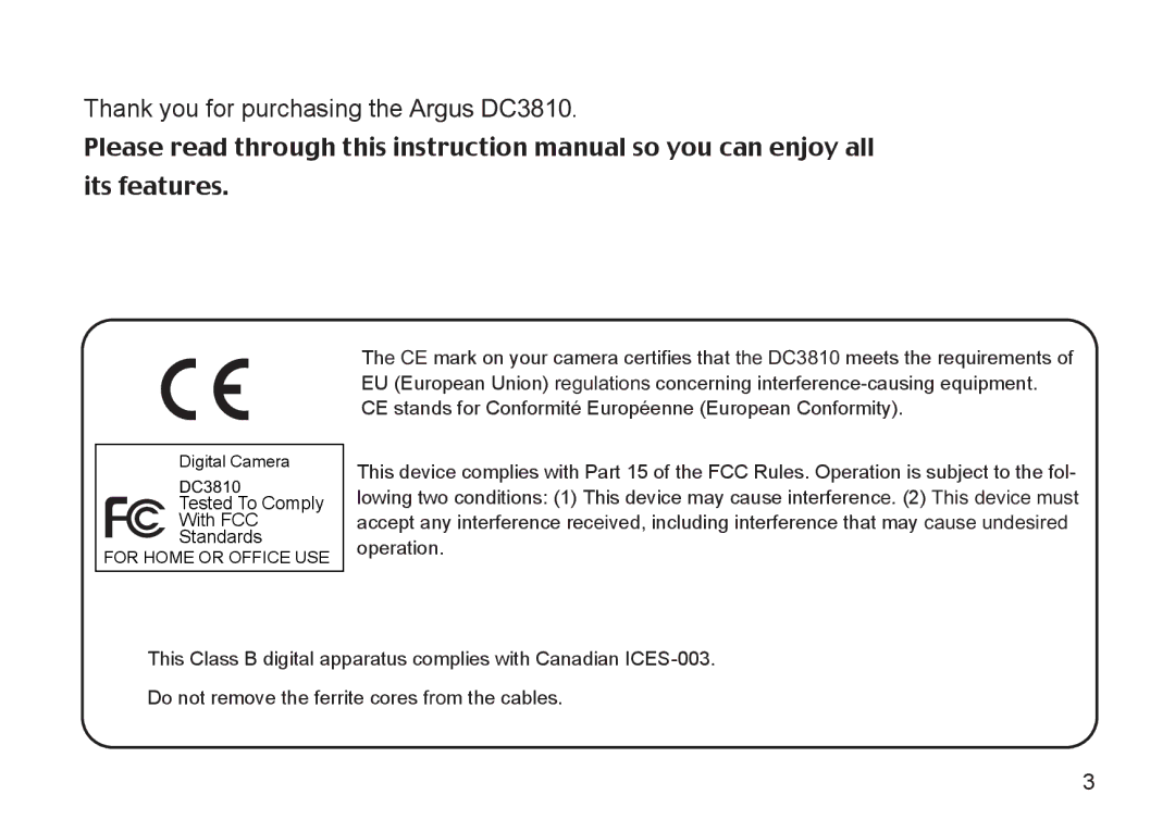 Argus Camera manual Thank you for purchasing the Argus DC3810 