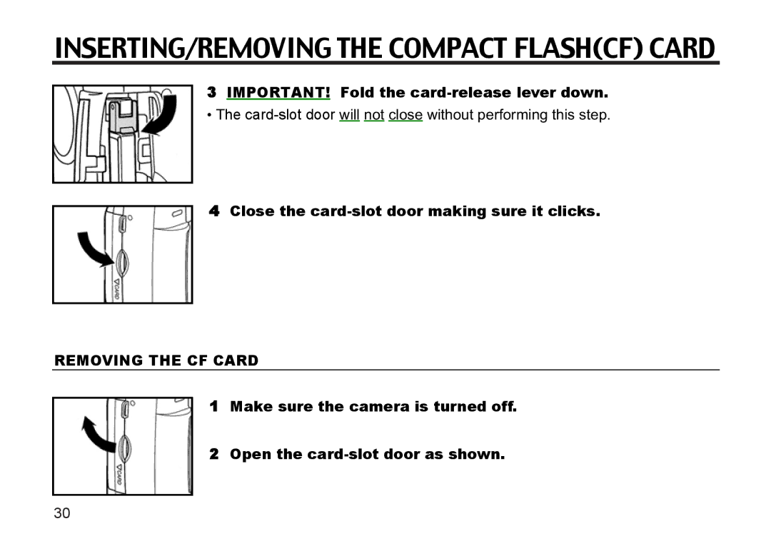 Argus Camera DC3810 manual IMPORTANT! Fold the card-release lever down, Close the card-slot door making sure it clicks 