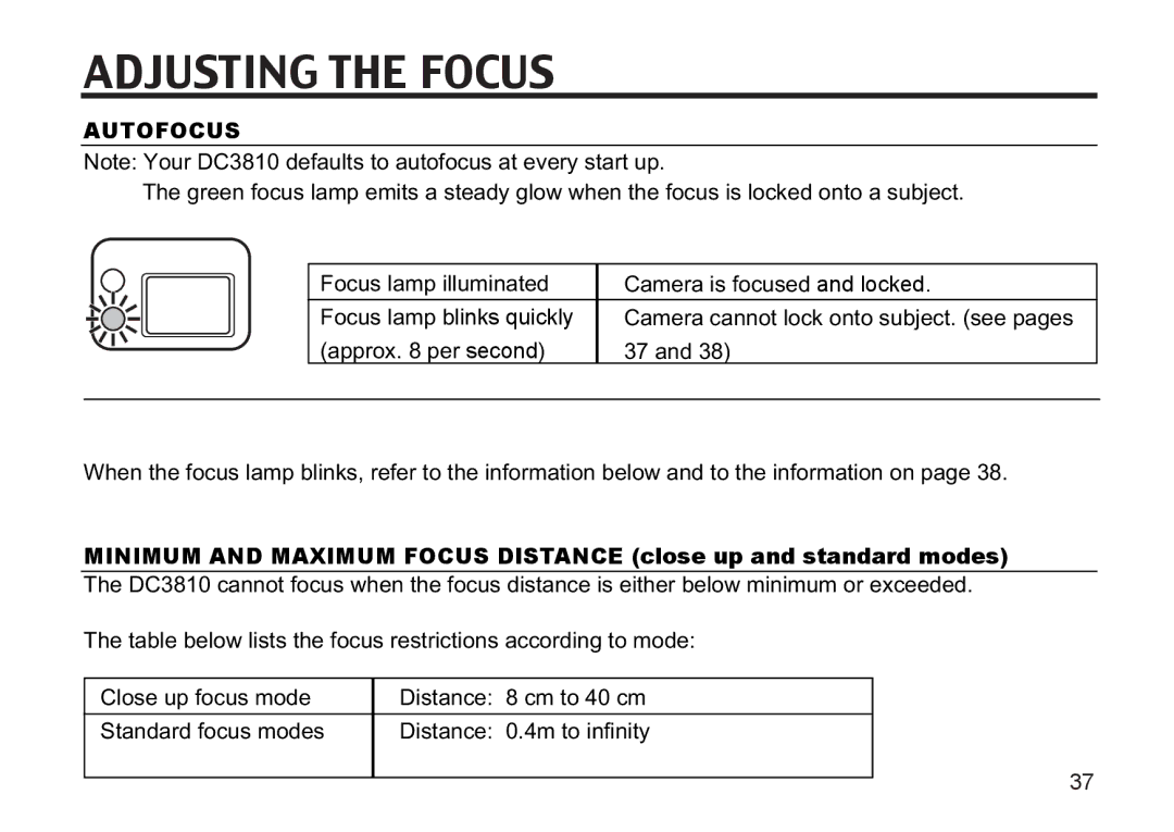 Argus Camera DC3810 manual Adjusting the Focus, Autofocus 