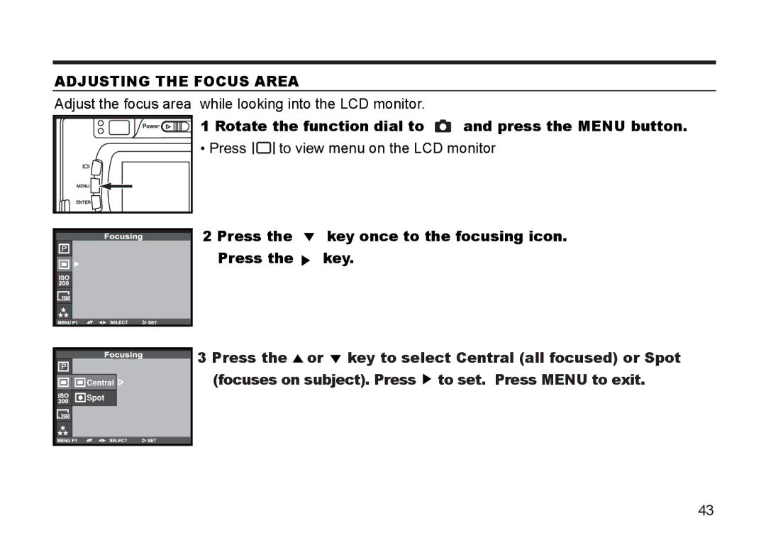 Argus Camera DC3810 manual Adjusting the Focus Area, Rotate the function dial to and press the Menu button 