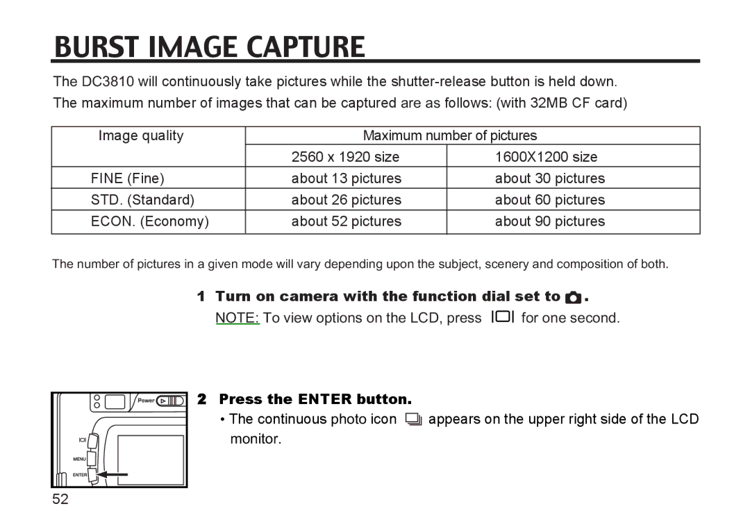 Argus Camera DC3810 manual Burst Image Capture, Press the Enter button 