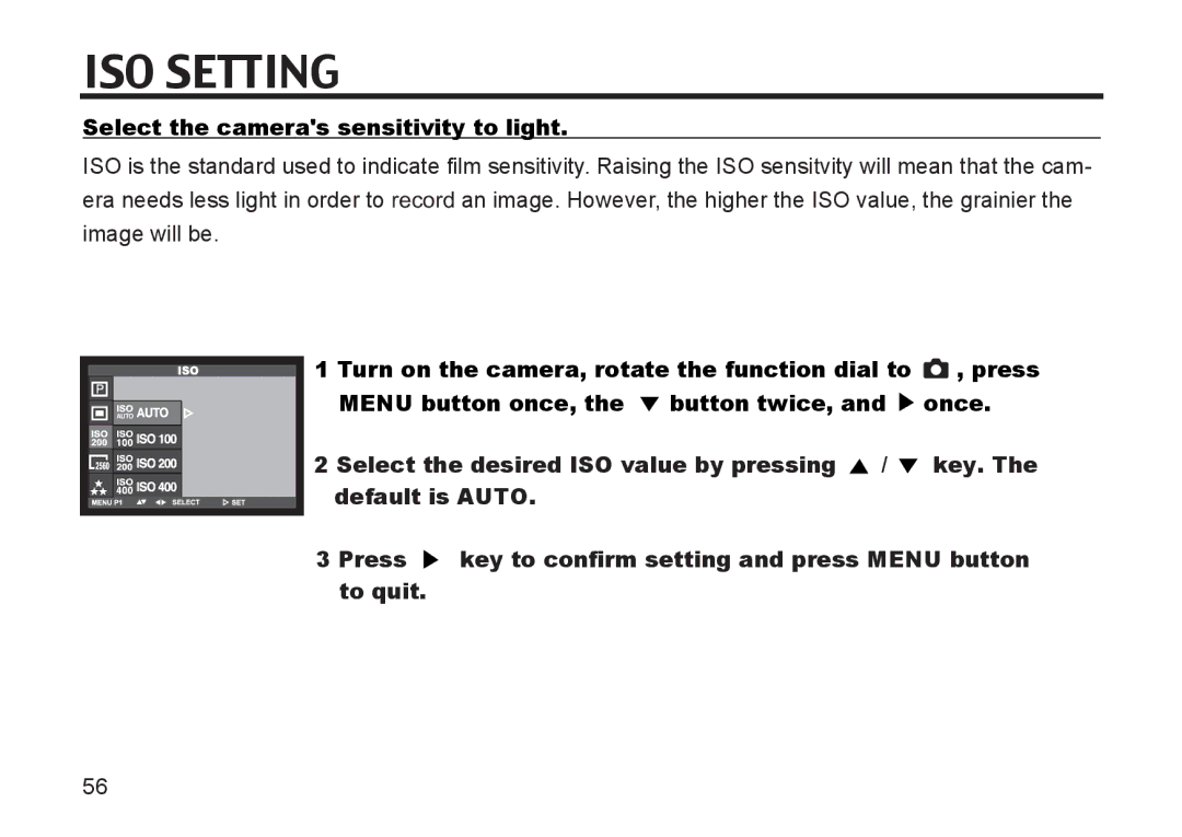 Argus Camera DC3810 manual ISO Setting, Select the cameras sensitivity to light 