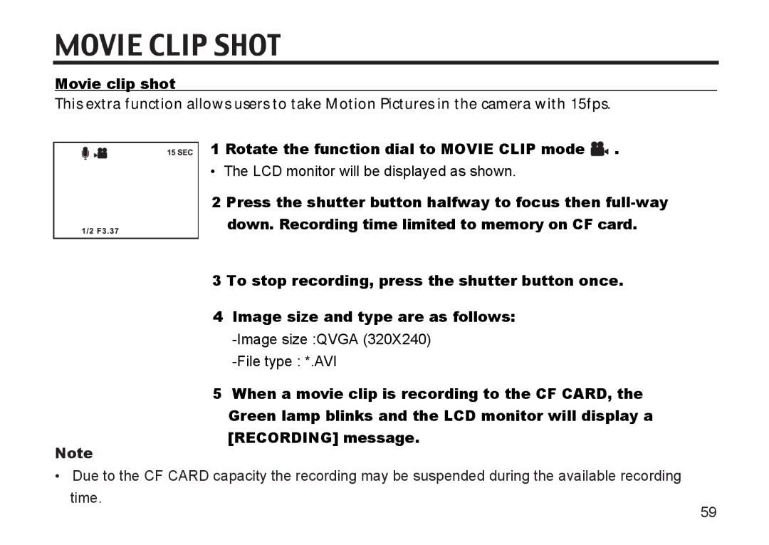 Argus Camera DC3810 manual Movie clip shot, Rotate the function dial to Movie Clip mode, Recording message 