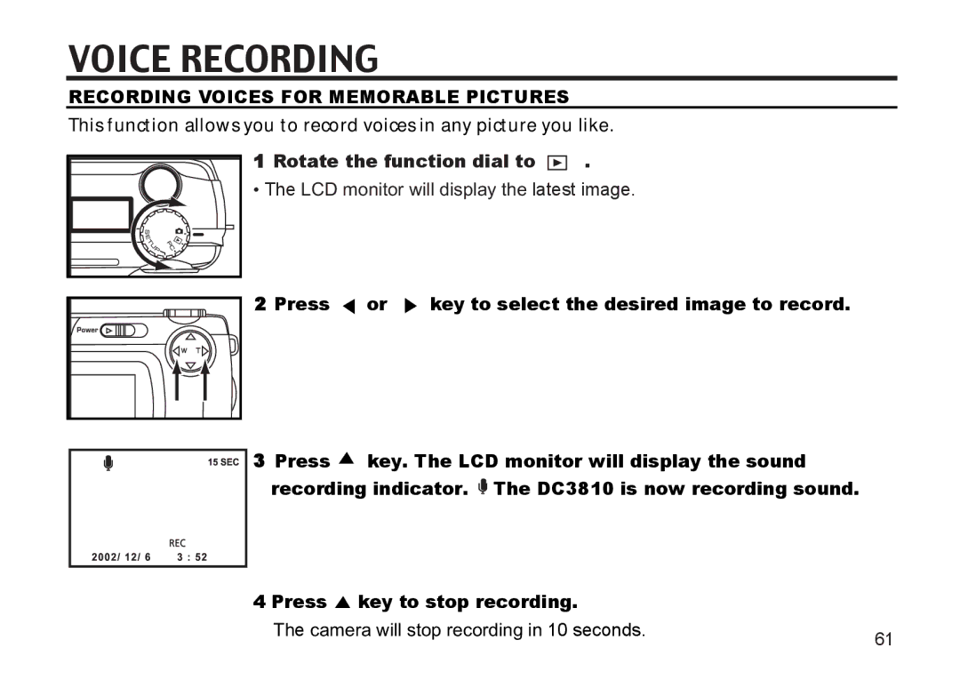 Argus Camera DC3810 manual Voice Recording, Recording Voices for Memorable Pictures, Press key to stop recording 