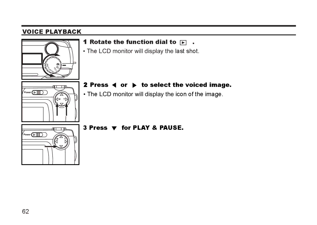 Argus Camera DC3810 manual Voice Playback, Press or to select the voiced image, Press for Play & Pause 