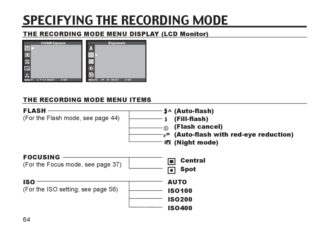 Argus Camera DC3810 manual Specifying the Recording Mode, Recording Mode Menu Items Flash, Focusing, ISO Auto 