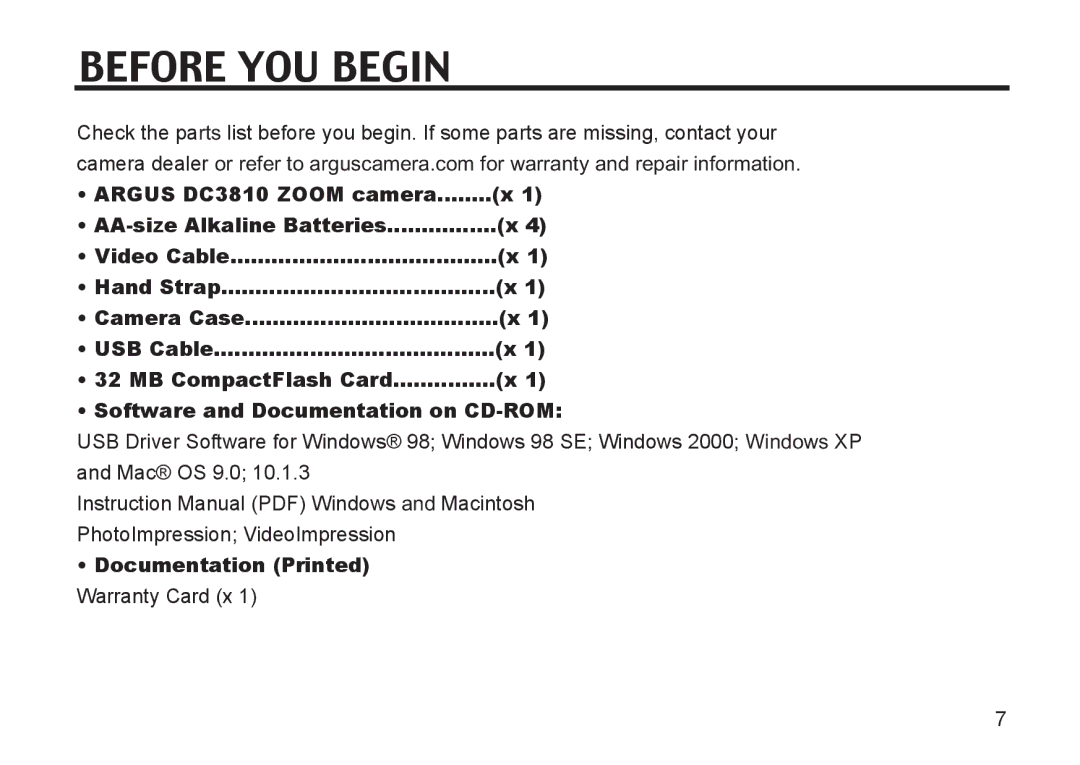 Argus Camera DC3810 manual Before YOU Begin, Software and Documentation on CD-ROM, Documentation Printed 