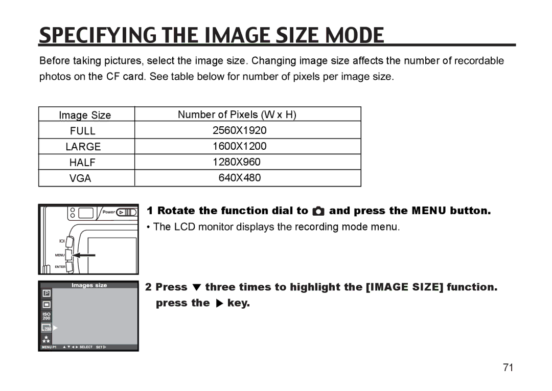 Argus Camera DC3810 Specifying the Image Size Mode, Press three times to highlight the Image Size function, Press the key 