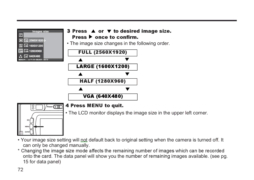 Argus Camera DC3810 manual Press or to desired image size. Press once to confirm, Large, Half, Vga, Press Menu to quit 