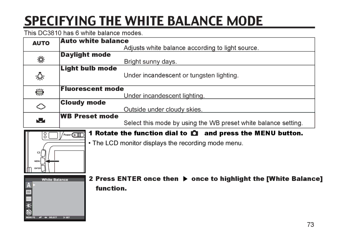 Argus Camera DC3810 manual Specifying the White Balance Mode, Rotate the function dial to 