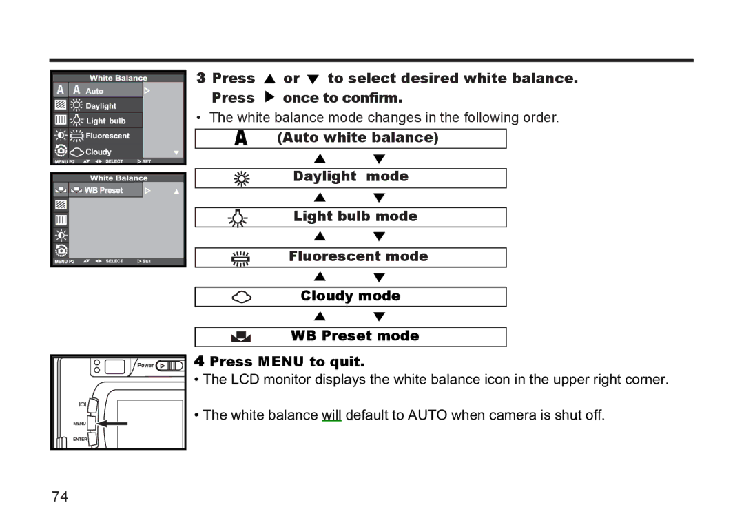 Argus Camera DC3810 manual Cloudy mode WB Preset mode 4 Press Menu to quit 