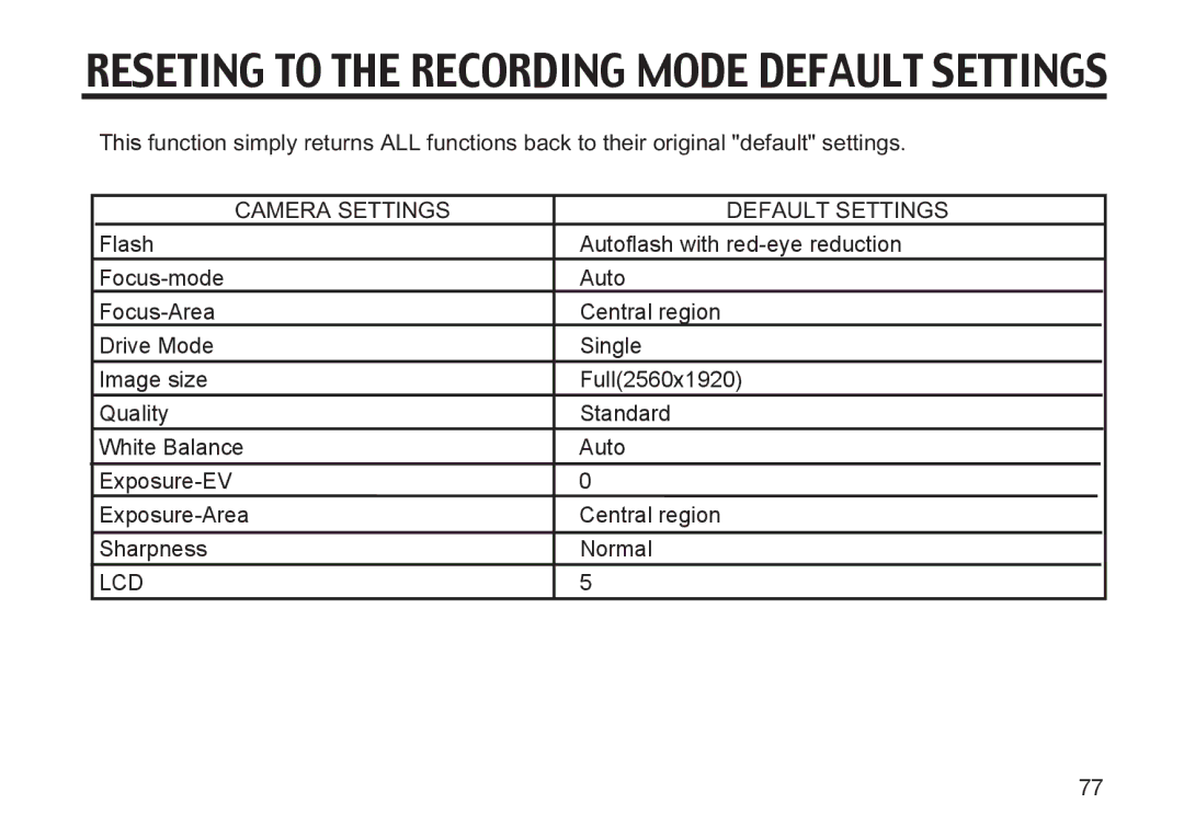 Argus Camera DC3810 manual Reseting to the Recording Mode Default Settings 