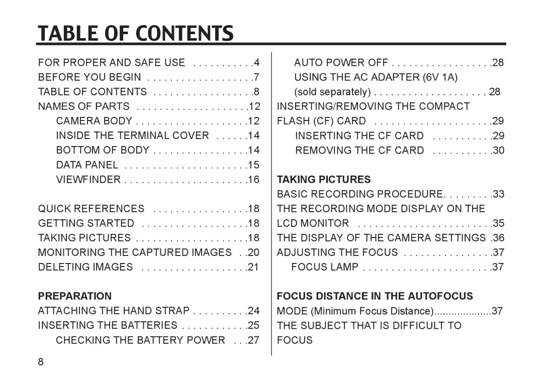 Argus Camera DC3810 manual Table of Contents 