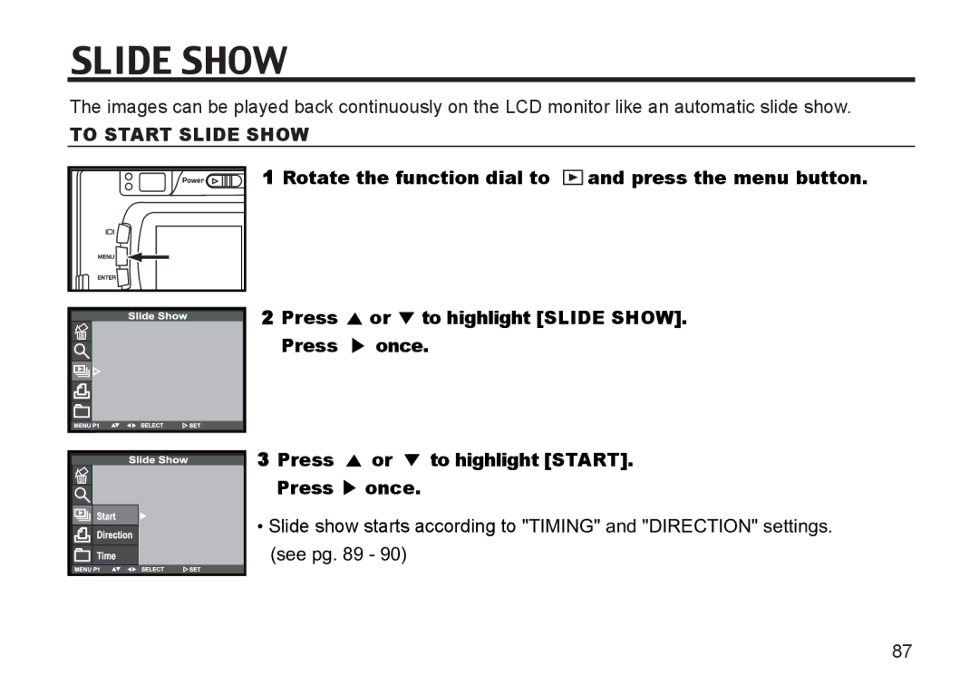 Argus Camera DC3810 manual To Start Slide Show, Or to highlight Start 