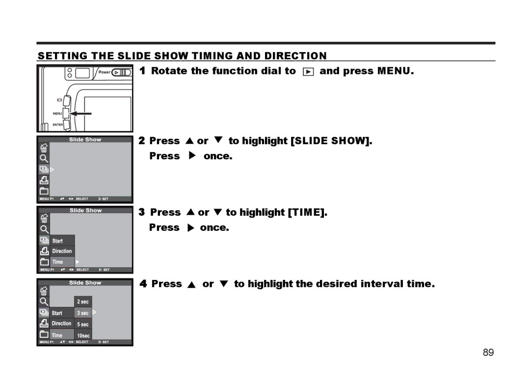 Argus Camera DC3810 manual Setting the Slide Show Timing and Direction 