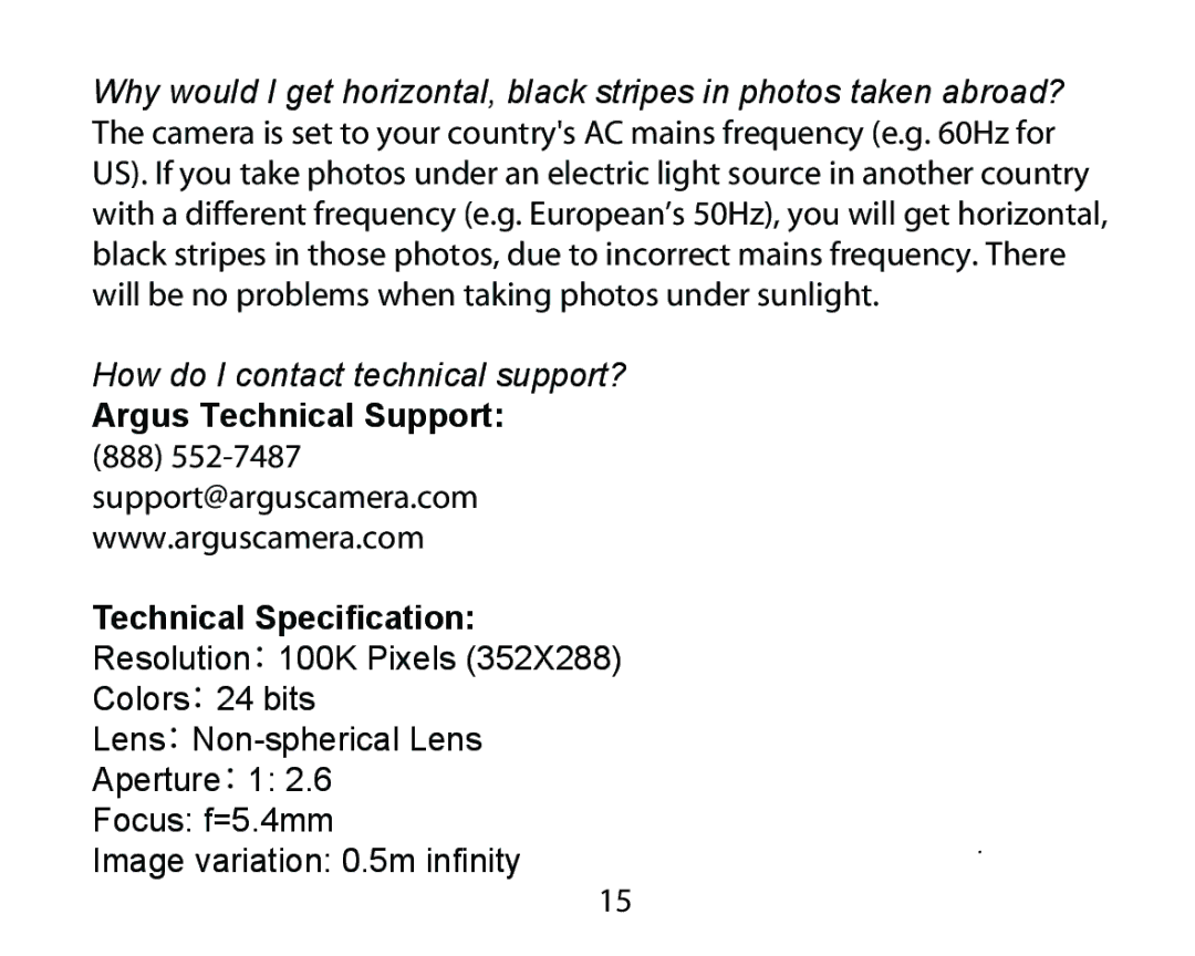 Argus Camera DCM-098 manual Argus Technical Support Technical Specification 