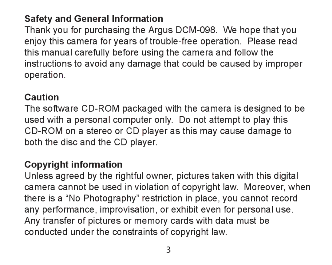 Argus Camera DCM-098 manual Safety and General Information, Copyright information 