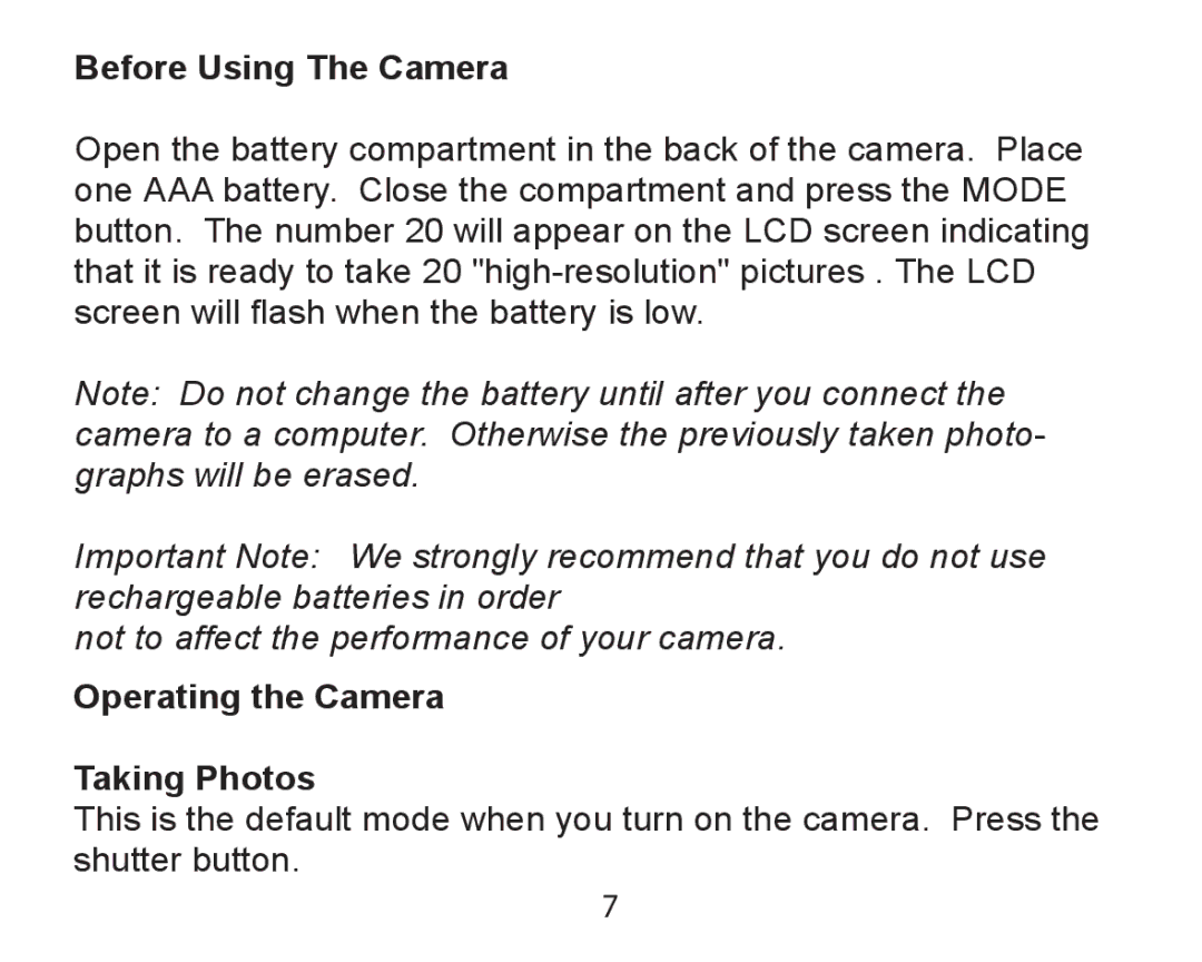 Argus Camera DCM-098 manual Before Using The Camera, Operating the Camera Taking Photos 