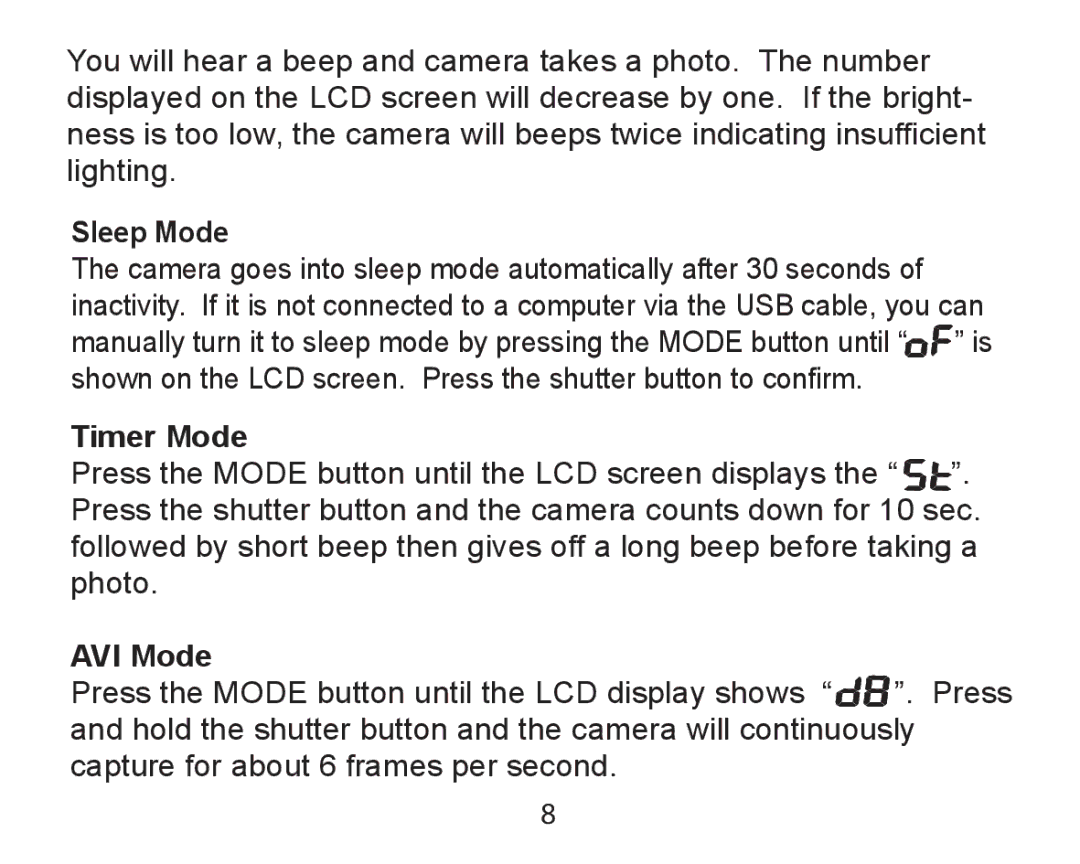 Argus Camera DCM-098 manual Sleep Mode, Timer Mode, AVI Mode 