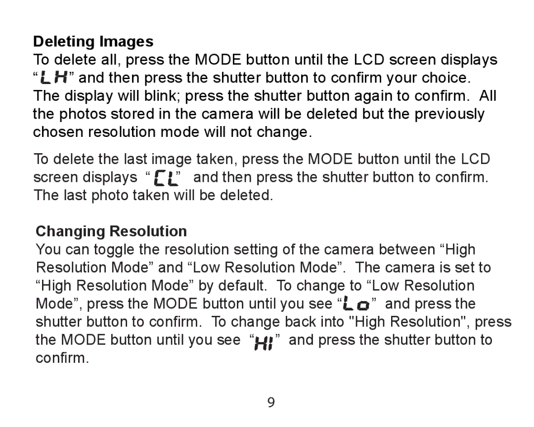 Argus Camera DCM-098 manual Deleting Images, Changing Resolution 