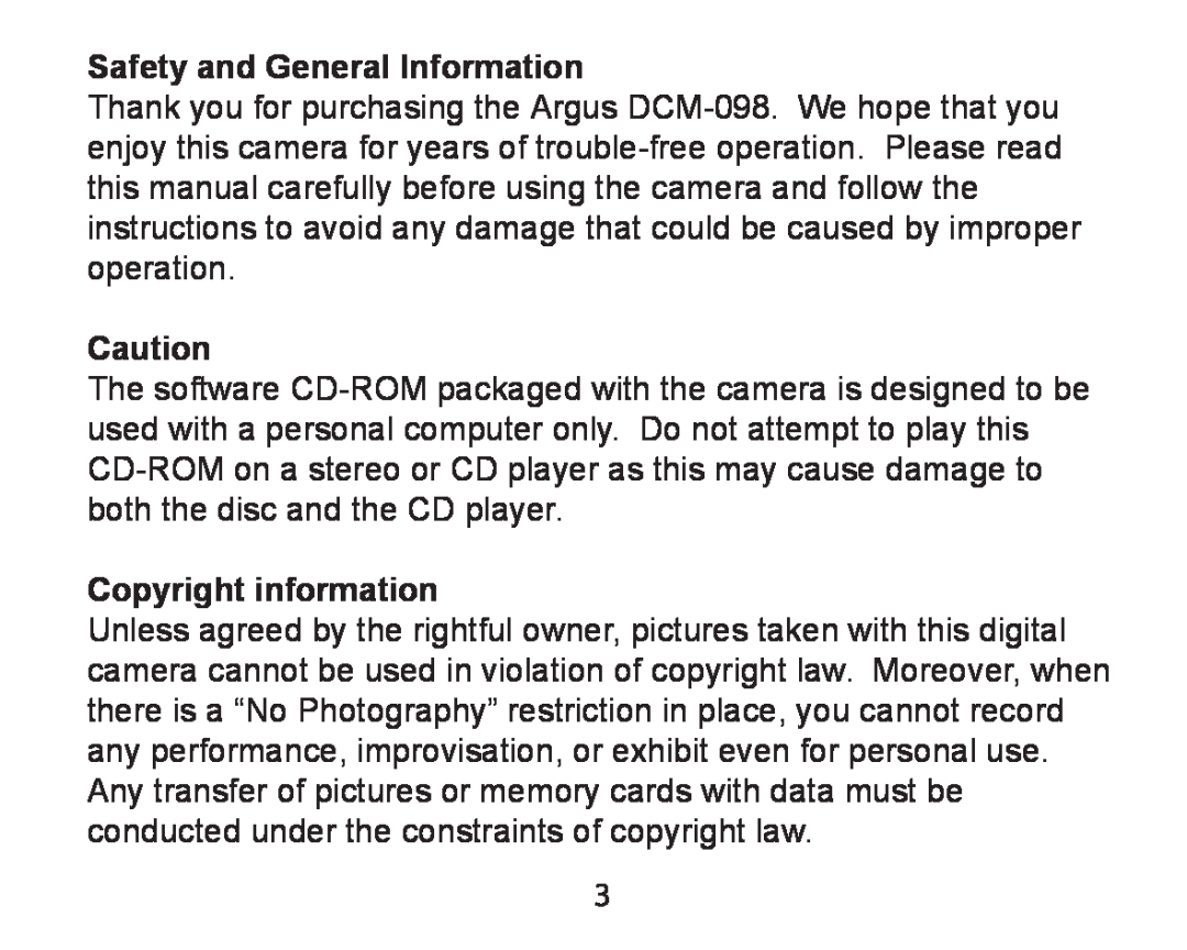 Argus Camera DCM-098 manual Safety and General Information, Copyright information 