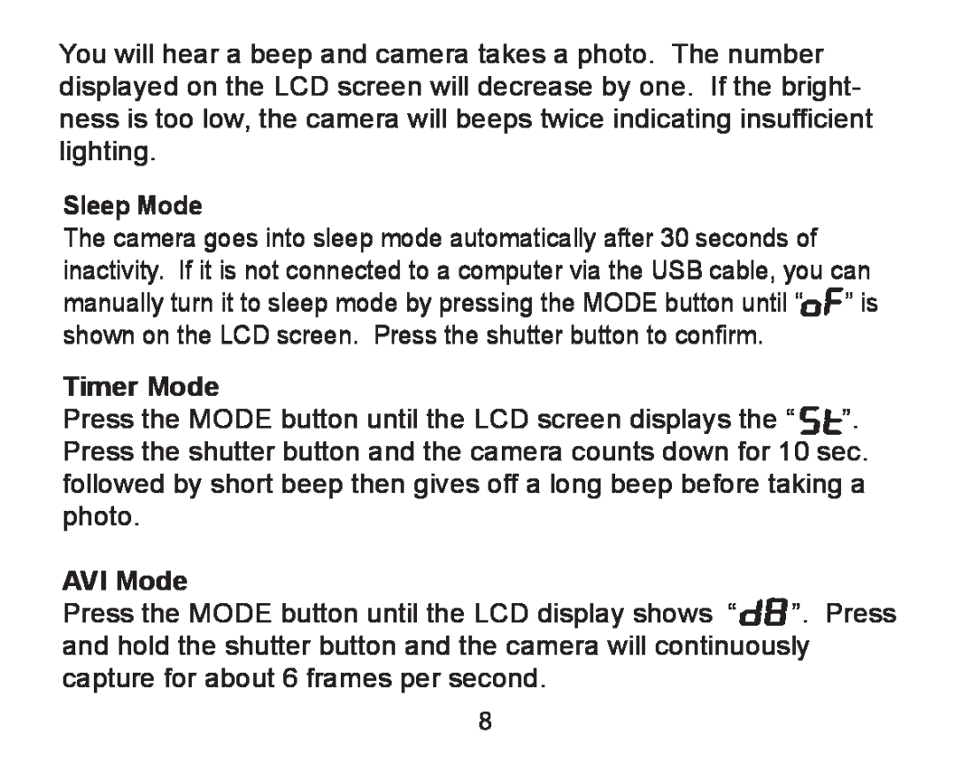 Argus Camera DCM-098 manual Sleep Mode, Timer Mode, AVI Mode 
