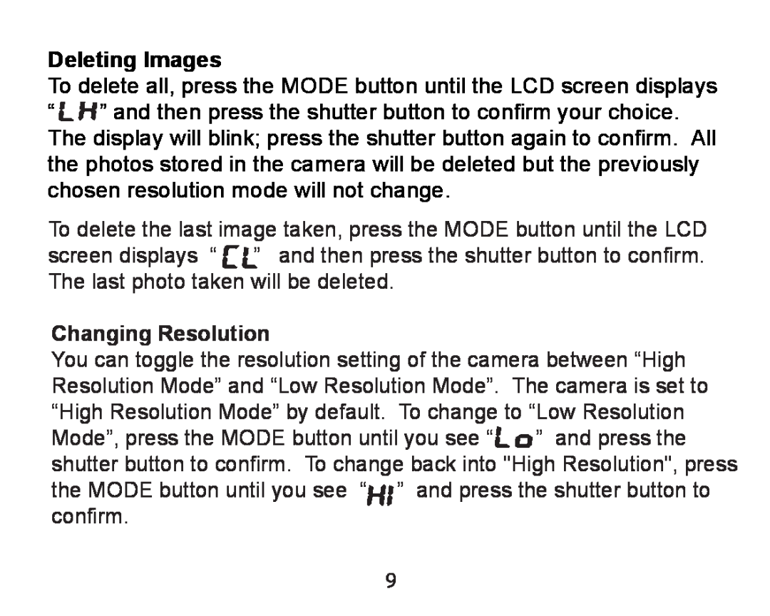 Argus Camera DCM-098 manual Deleting Images, Changing Resolution 