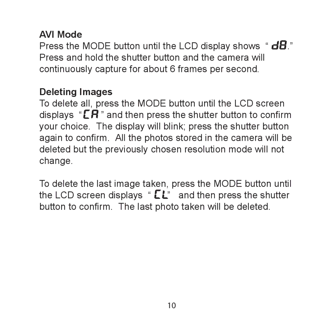 Argus Camera DCM-099 manual AVI Mode, Deleting Images 