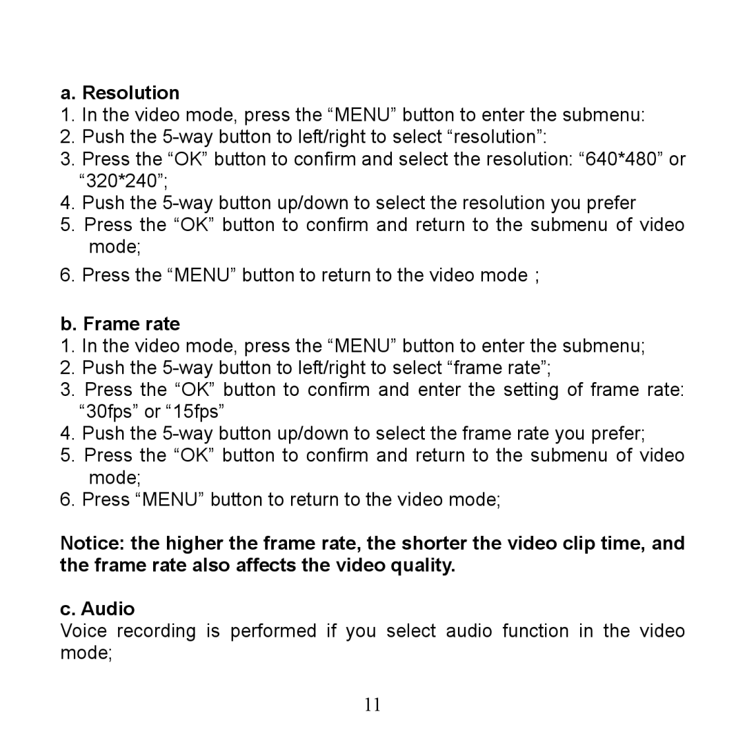 Argus Camera DV 5470 manual Resolution, Frame rate, Audio 