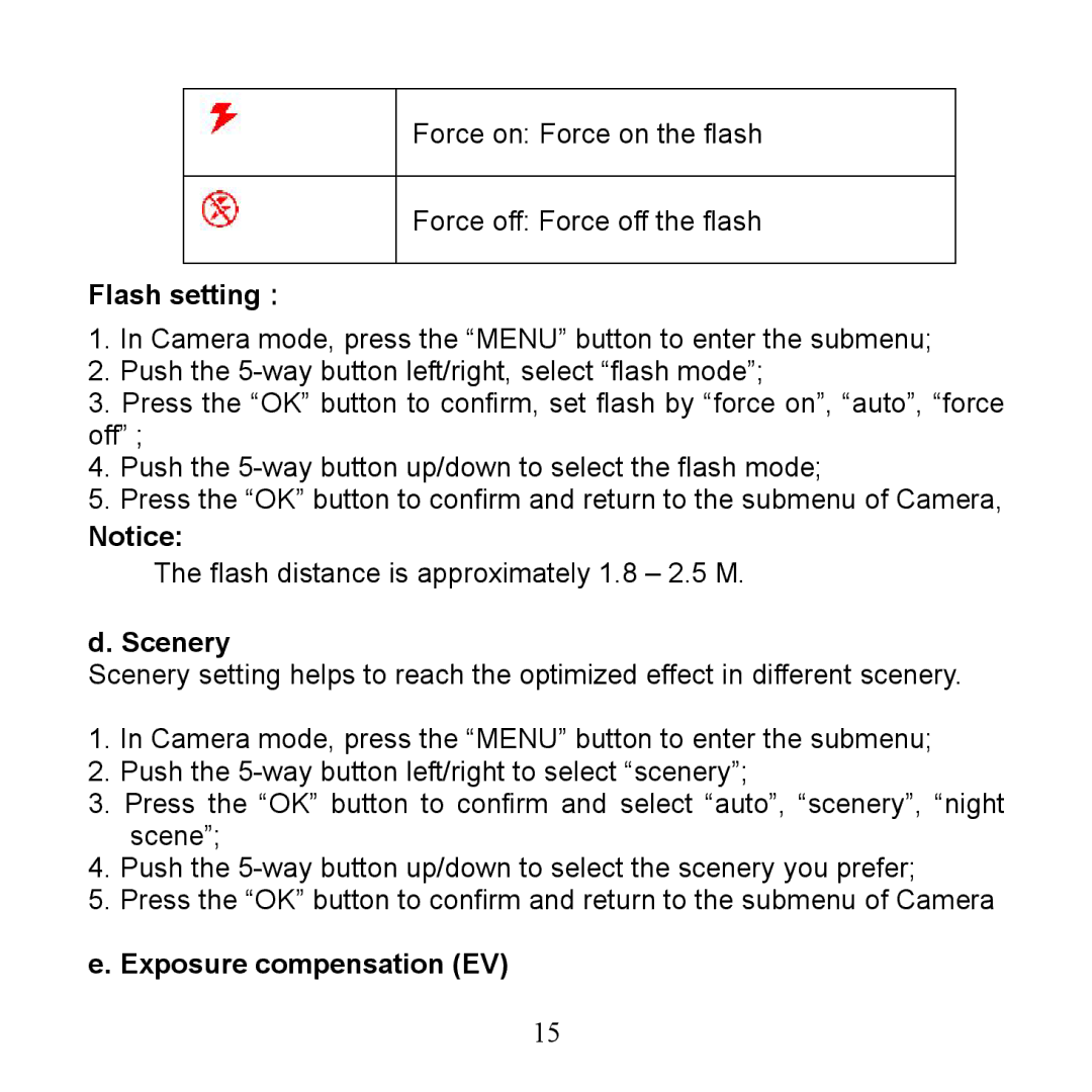 Argus Camera DV 5470 manual Flash setting：, Scenery, Exposure compensation EV 