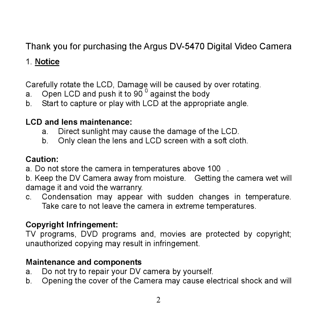 Argus Camera DV 5470 manual LCD and lens maintenance, Copyright Infringement, Maintenance and components 