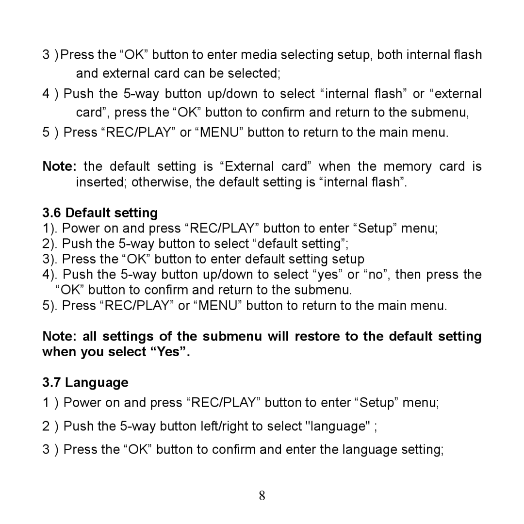 Argus Camera DV 5470 manual Default setting, Language 