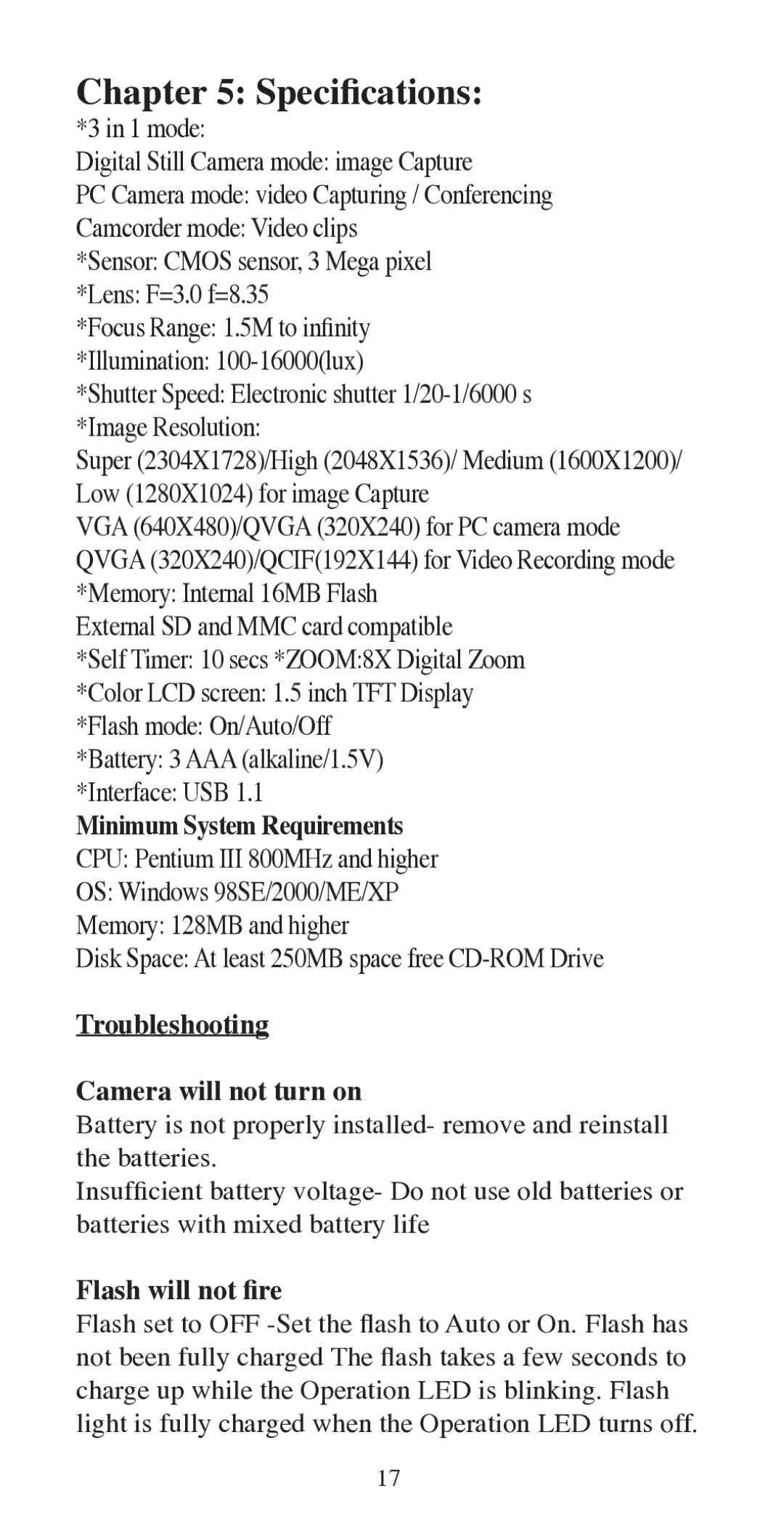 Argus Camera QC-3195B manual Speciﬁcations, Troubleshooting Camera will not turn on 