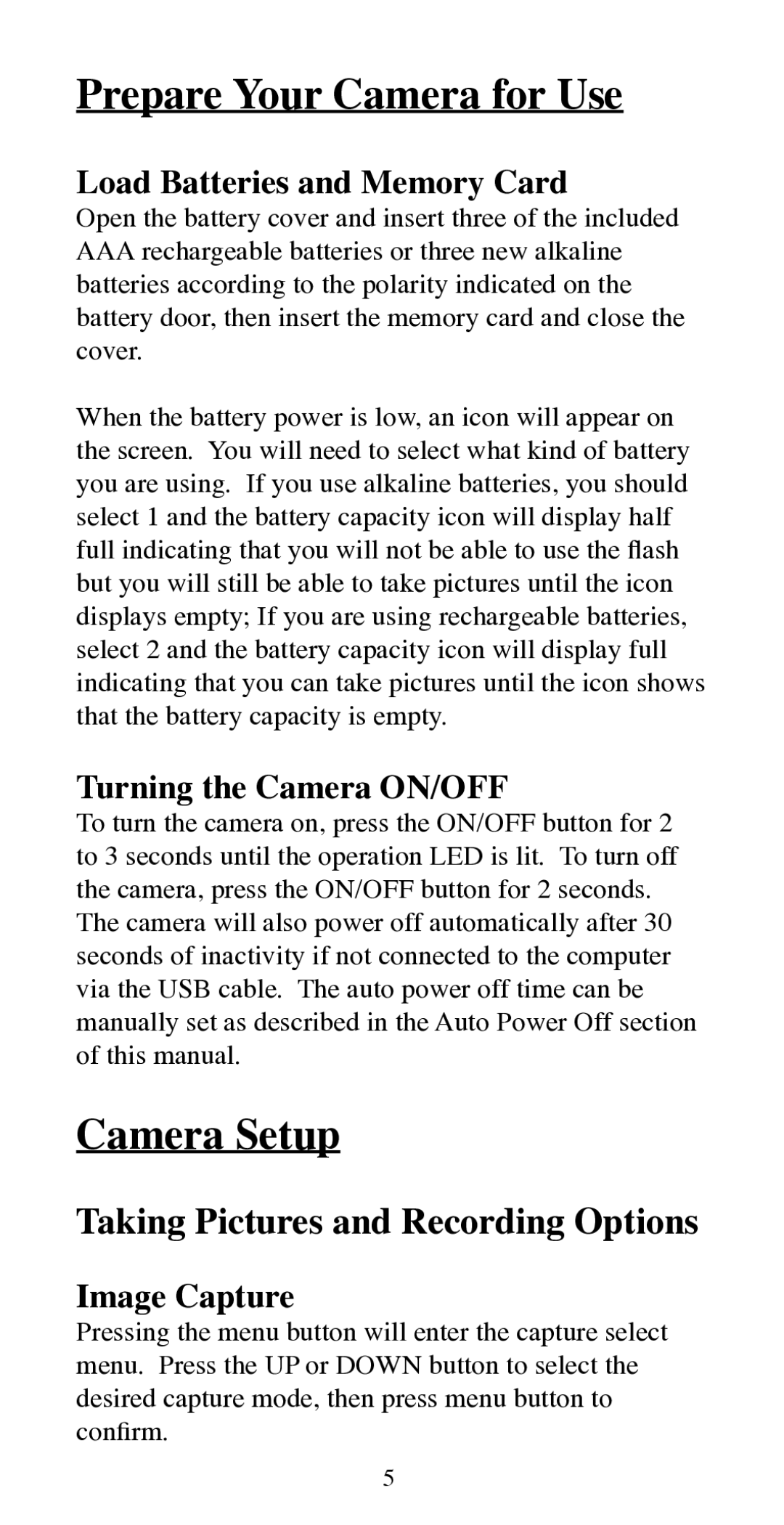 Argus Camera QC-3195B manual Prepare Your Camera for Use, Camera Setup, Taking Pictures and Recording Options 