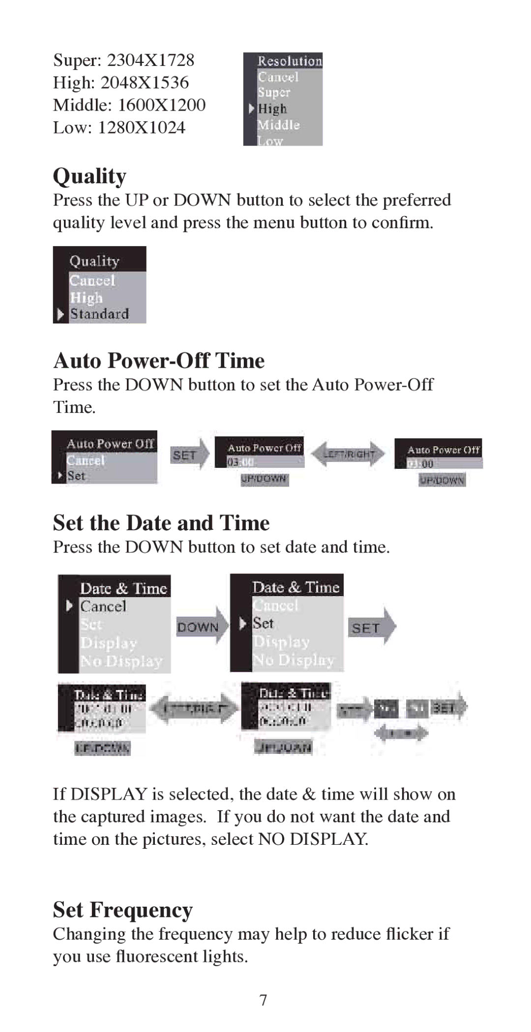 Argus Camera QC-3195B manual Quality, Auto Power-Off Time, Set the Date and Time, Set Frequency 